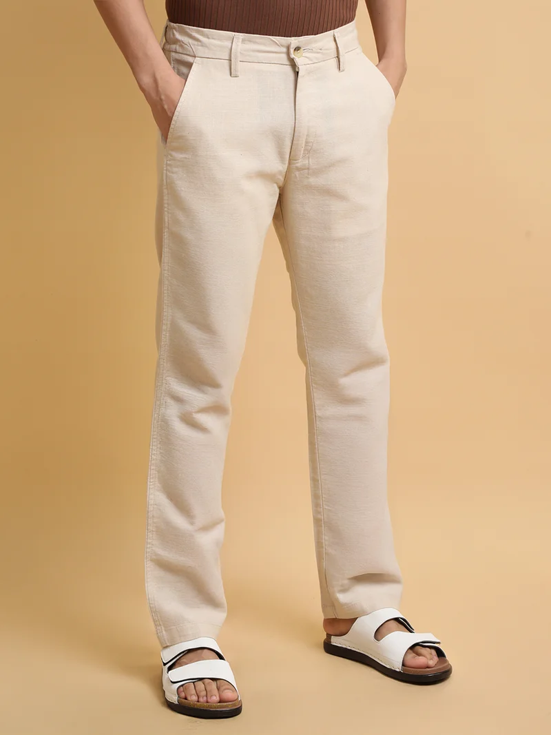 Maniac  Maniac Mens Italy Linen Solid Cream Cotton Trouser for Men | Best Price UAE
